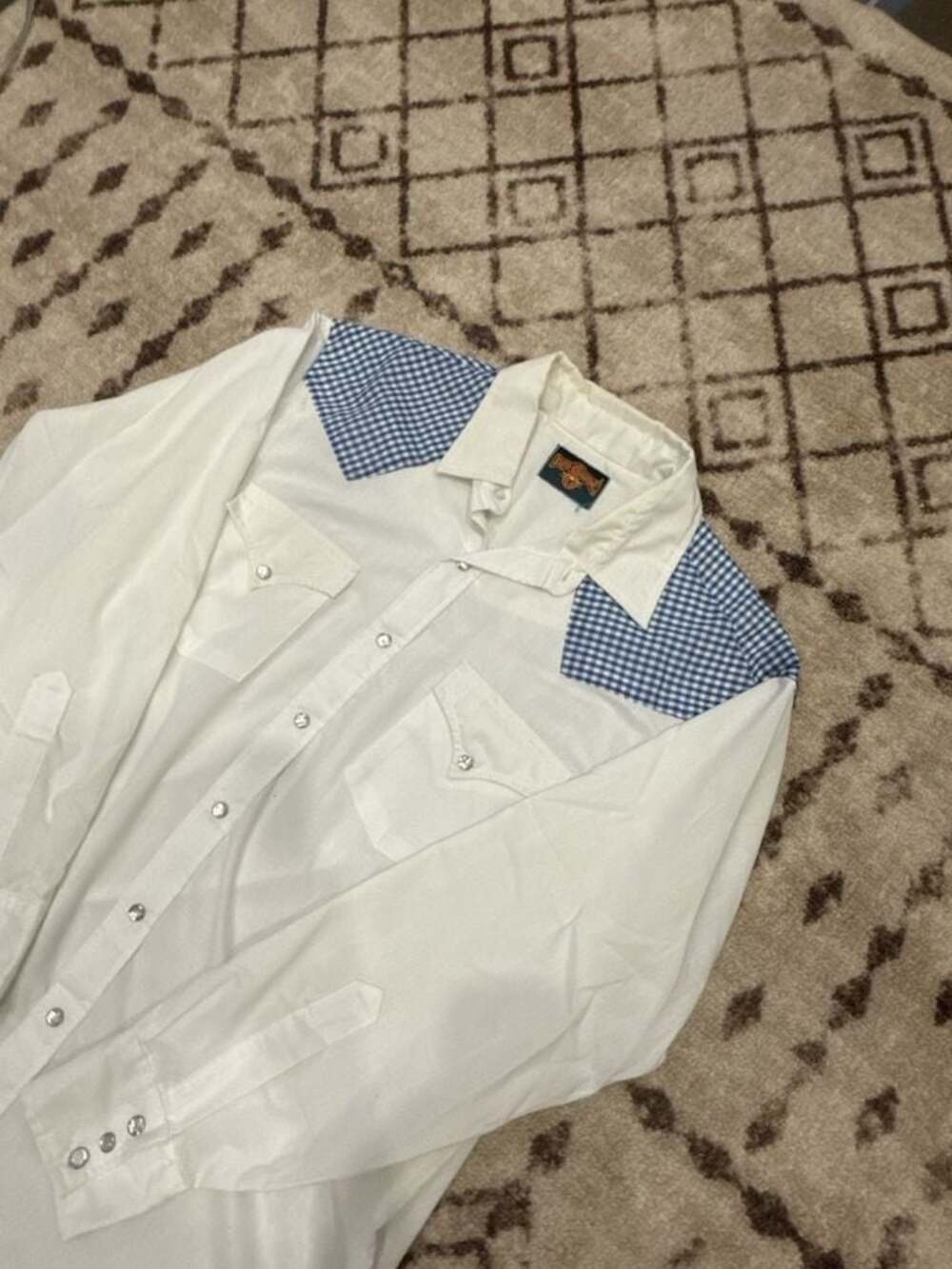 Rio Grande Vintage Western Snap Button Shirt White Blue Gingham Yoke